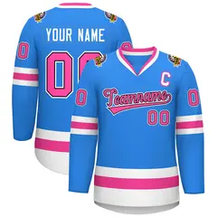 Powder Blue Pink Black-White Classic Style Hockey Jersey