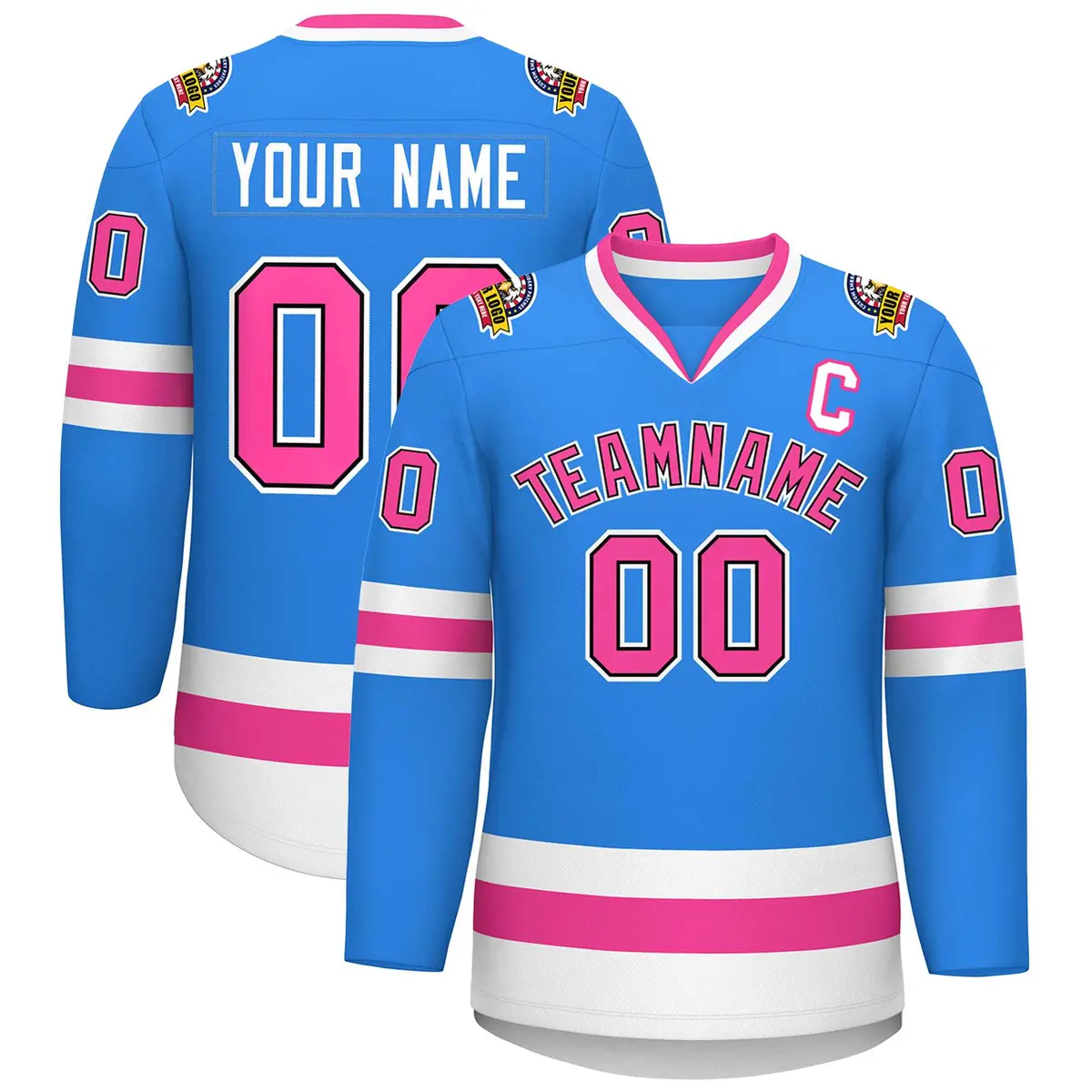 Powder Blue Pink Black-White Classic Style Hockey Jersey