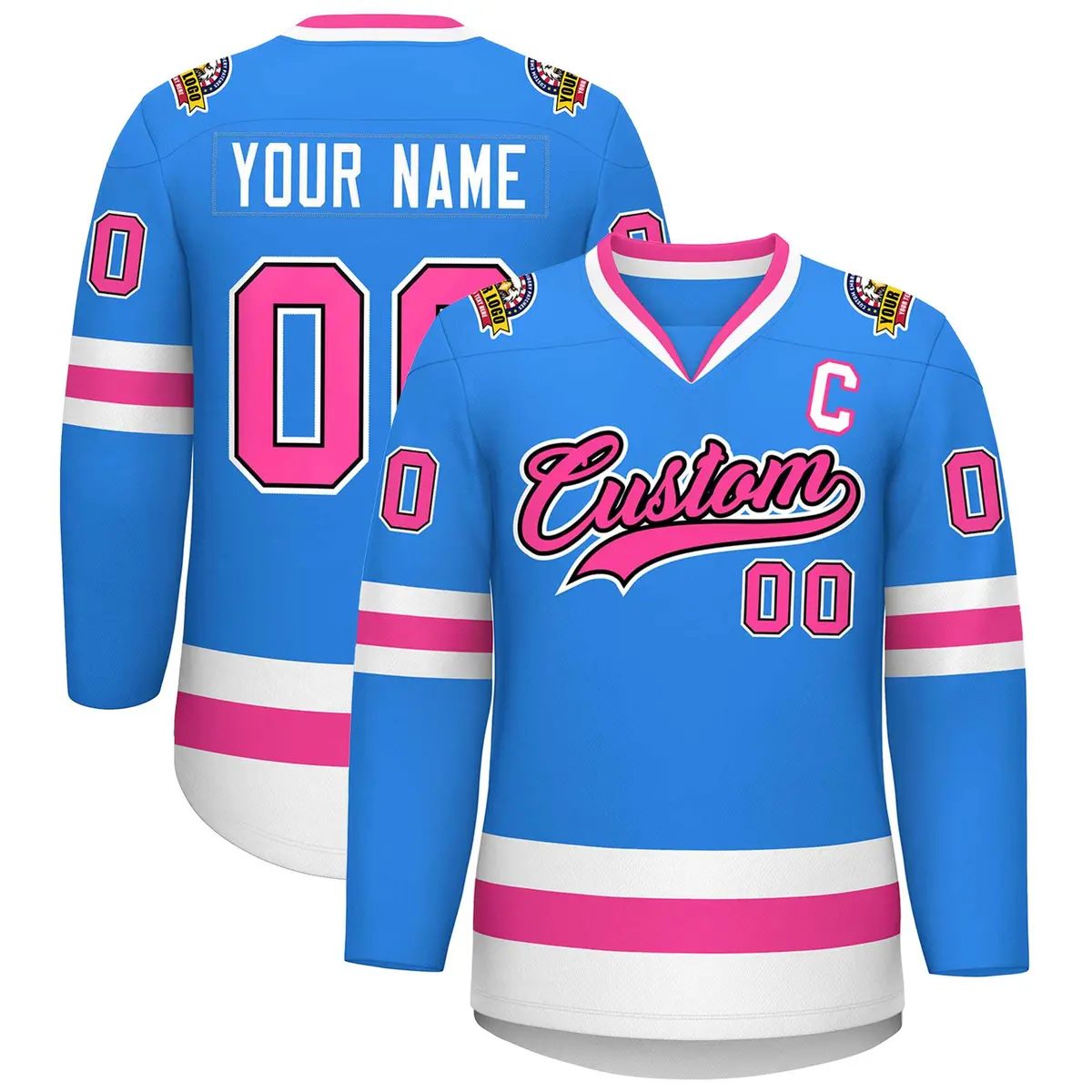 Powder Blue Pink Black-White Classic Style Hockey Jersey