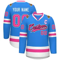Powder Blue Pink Black-White Classic Style Hockey Jersey 1