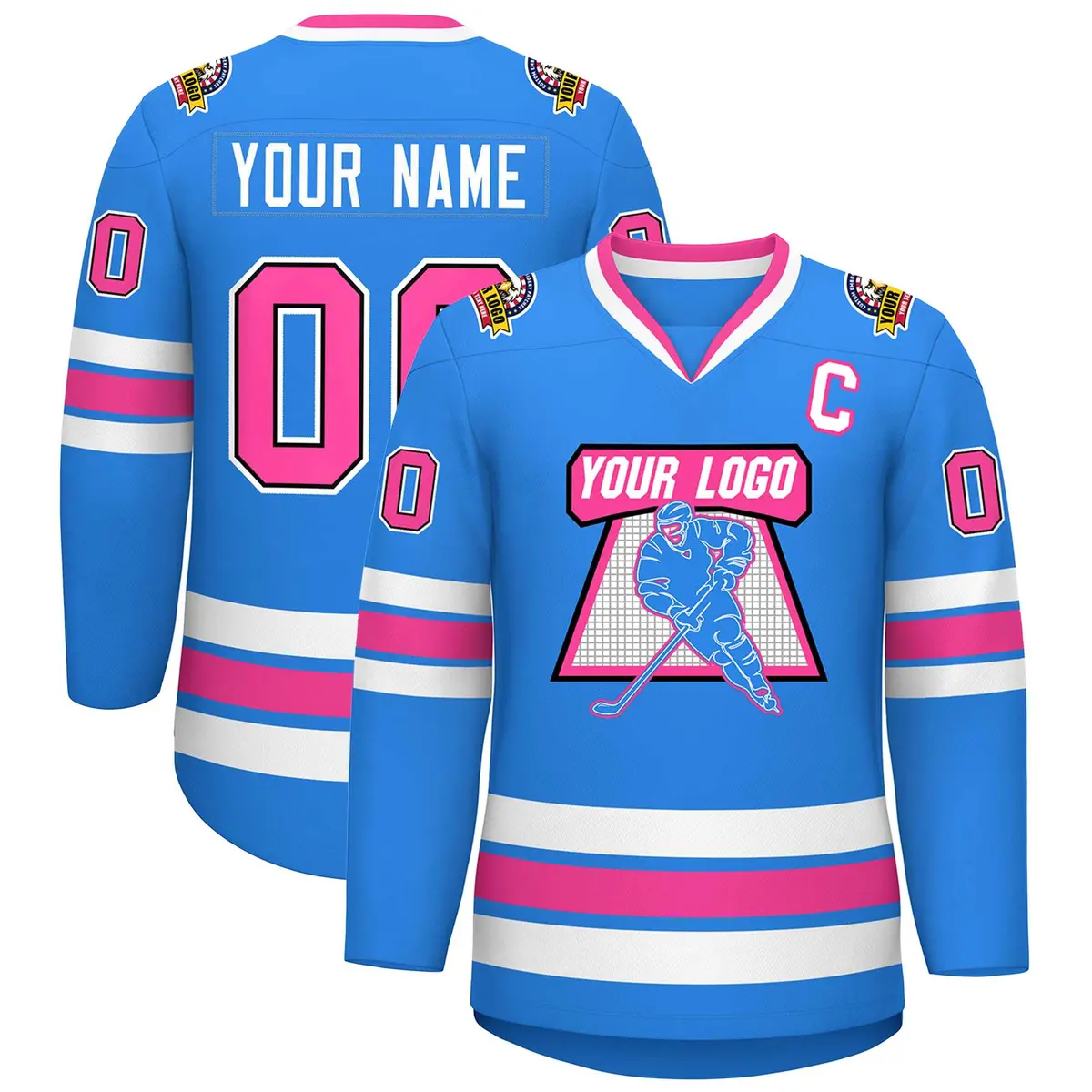 Powder Blue Pink Black-White Classic Style Hockey Jersey