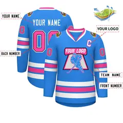 Powder Blue Pink Black-White Classic Style Hockey Jersey 2