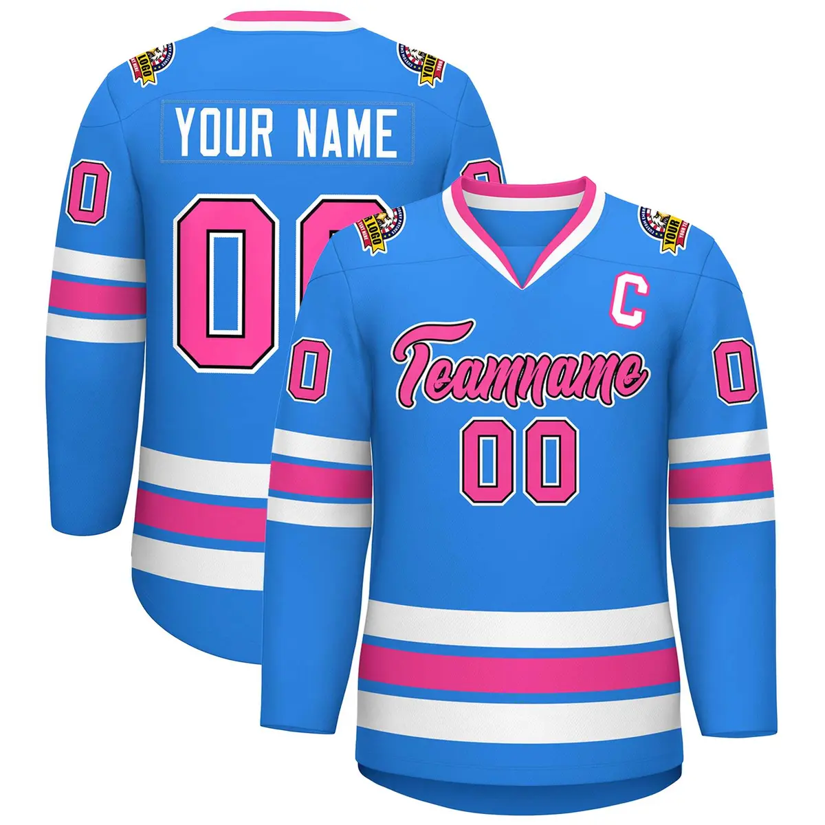 Powder Blue Pink Black-White Classic Style Hockey Jersey