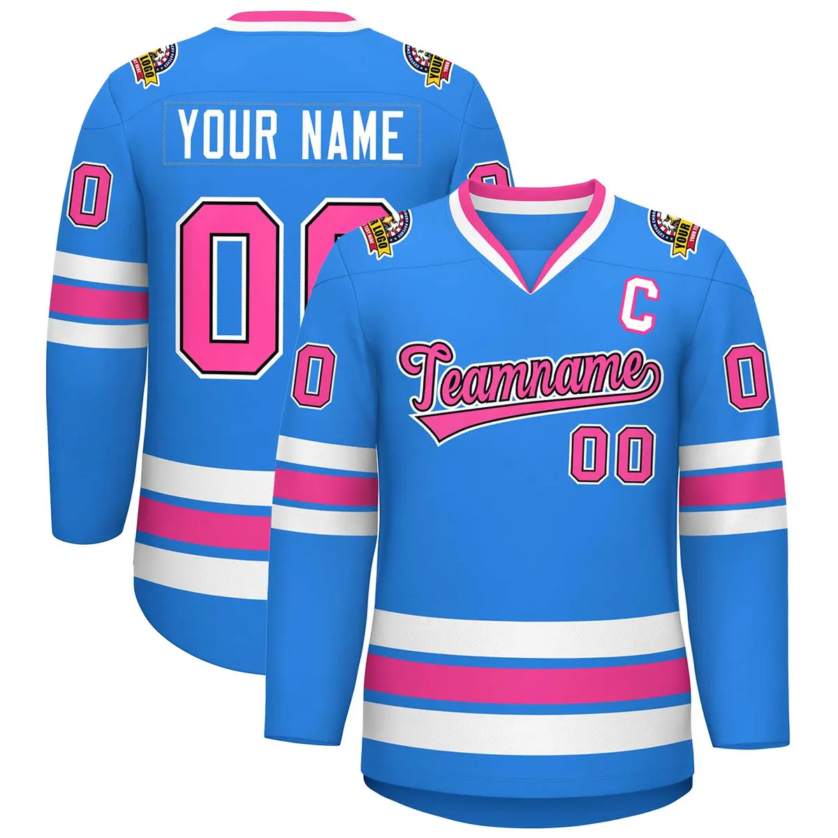 Powder Blue Pink Black-White Classic Style Hockey Jersey