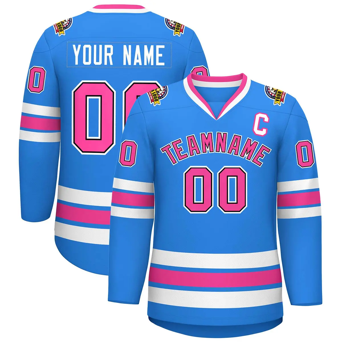 Powder Blue Pink Black-White Classic Style Hockey Jersey