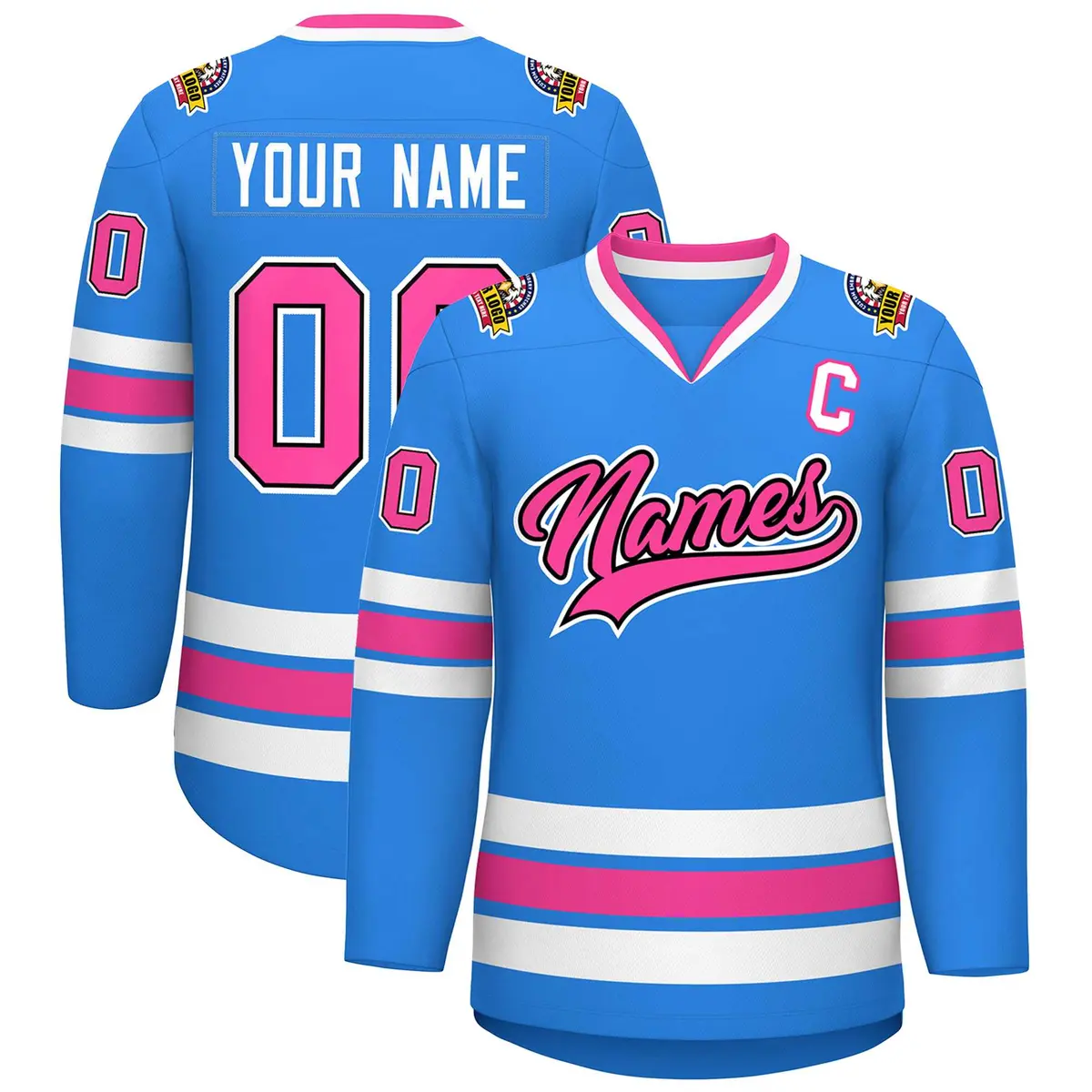 Powder Blue Pink Black-White Classic Style Hockey Jersey