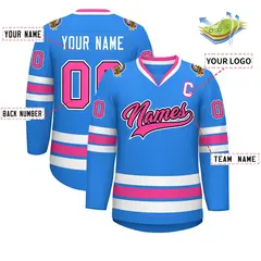 Powder Blue Pink Black-White Classic Style Hockey Jersey 2