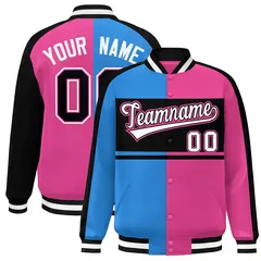 Powder Blue Pink Black-White Color Block Varsity Baseball Jacket