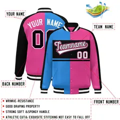 Powder Blue Pink Black-White Color Block Varsity Baseball Jacket 2