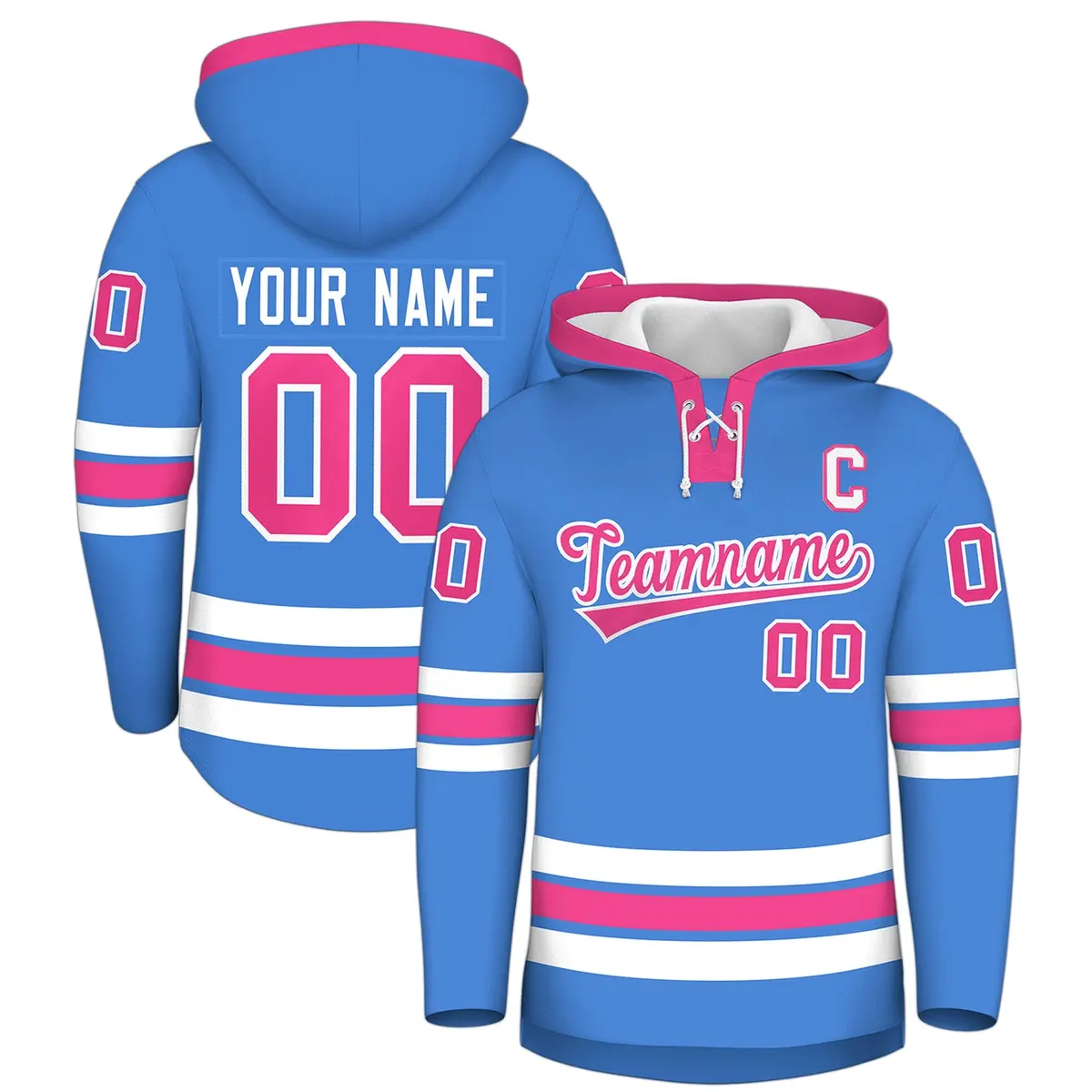 Powder Blue Pink Classic Lace-Up Neck Hockey Hoodie