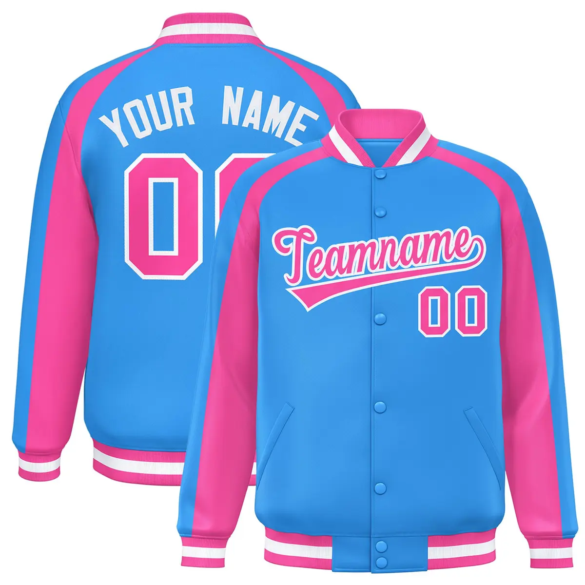 Powder Blue Pink Color Block Raglan Full-Snap Varsity Letterman Jacket