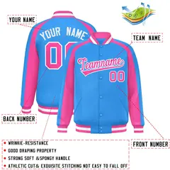 Powder Blue Pink Color Block Raglan Full-Snap Varsity Letterman Jacket 2
