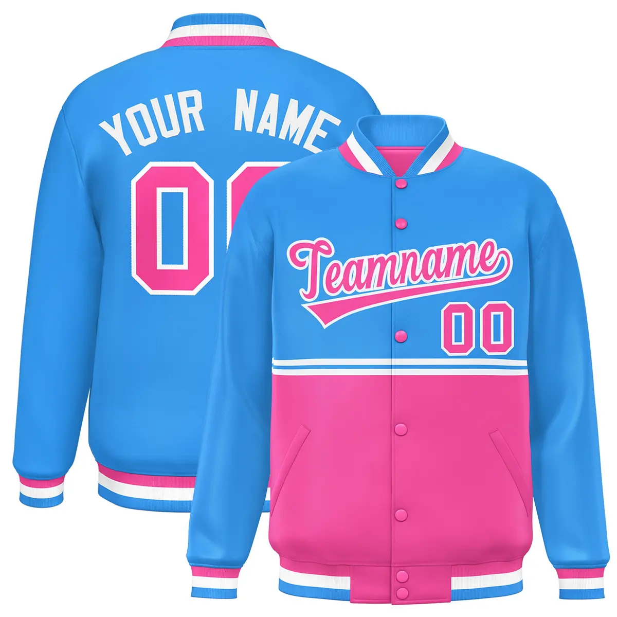Powder Blue Pink Color Block Varsity Full-Snap Letterman Jacket