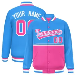 Powder Blue Pink Color Block Varsity Full-Snap Letterman Jacket