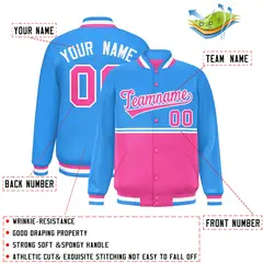 Powder Blue Pink Color Block Varsity Full-Snap Letterman Jacket 2