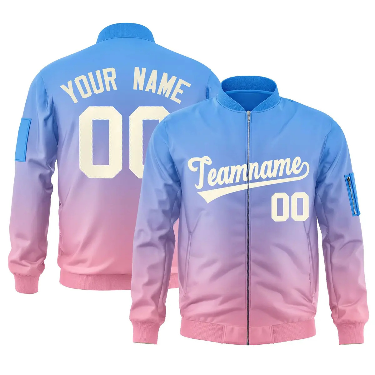 Powder Blue Pink-Cream Gradient Full-Zip Letterman Bomber Jacket