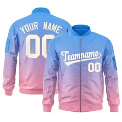 Powder Blue Pink-Cream Gradient Full-Zip Letterman Bomber Jacket