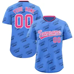 Powder Blue Pink Full Button Graffiti Text Baseball Jersey