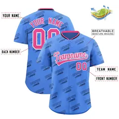 Powder Blue Pink Full Button Graffiti Text Baseball Jersey 2