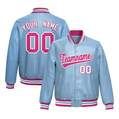 Powder Blue Pink Full-Snap Faux Leather Varsity Letterman Jacket