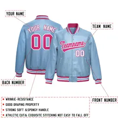 Powder Blue Pink Full-Snap Faux Leather Varsity Letterman Jacket 2