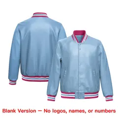 Powder Blue Pink Full-Snap Faux Leather Varsity Letterman Jacket 6