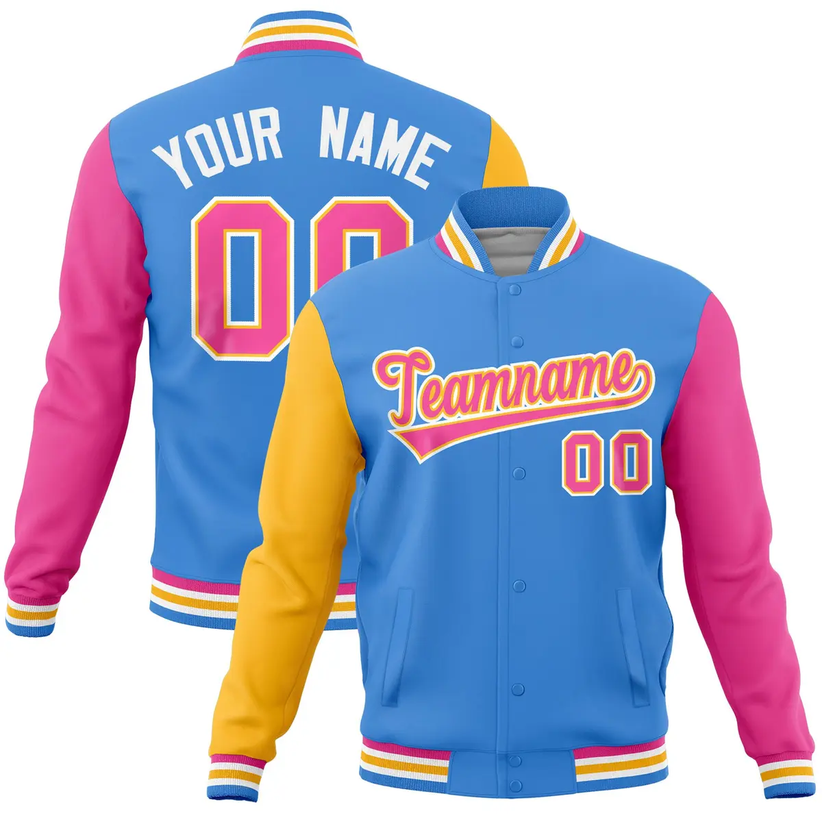 Powder Blue Pink-Gold Full-Snap Raglan Varsity Letterman Jacket