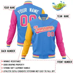 Powder Blue Pink-Gold Full-Snap Raglan Varsity Letterman Jacket 4