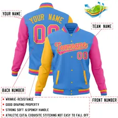 Powder Blue Pink-Gold Raglan Full-Snap Varsity Letterman Jacket 4