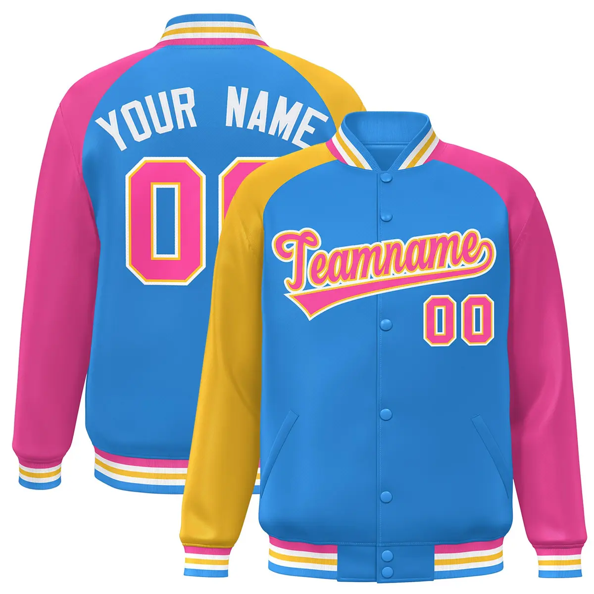 Powder Blue Pink-Gold Varsity Raglan Letterman Bomber Jacket