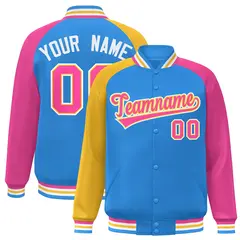 Powder Blue Pink-Gold Varsity Raglan Letterman Bomber Jacket