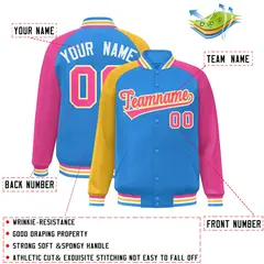 Powder Blue Pink-Gold Varsity Raglan Letterman Bomber Jacket 2