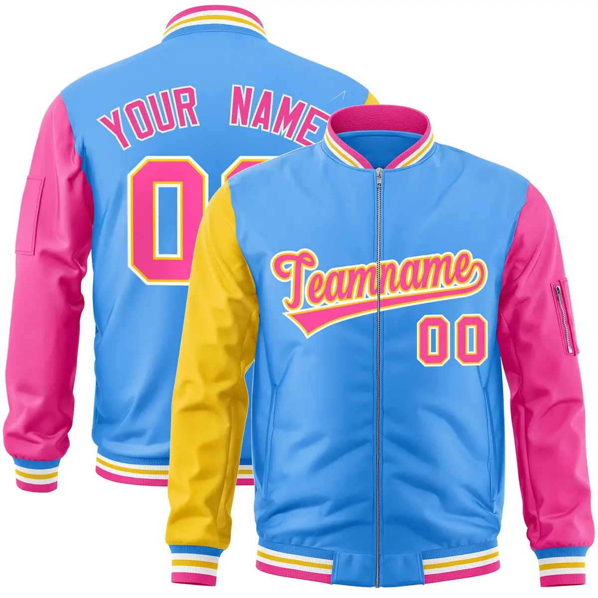 Powder Blue Pink-Gold Varsity Raglan Letterman Bomber Jacket