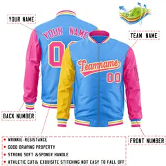 Powder Blue Pink-Gold Varsity Raglan Letterman Bomber Jacket 2