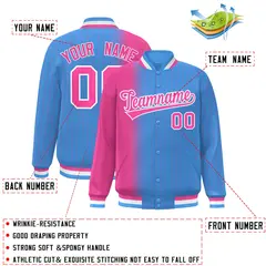 Powder Blue Pink Gradient Pinstripe Varsity Full-Snap Baseball Jacket 2