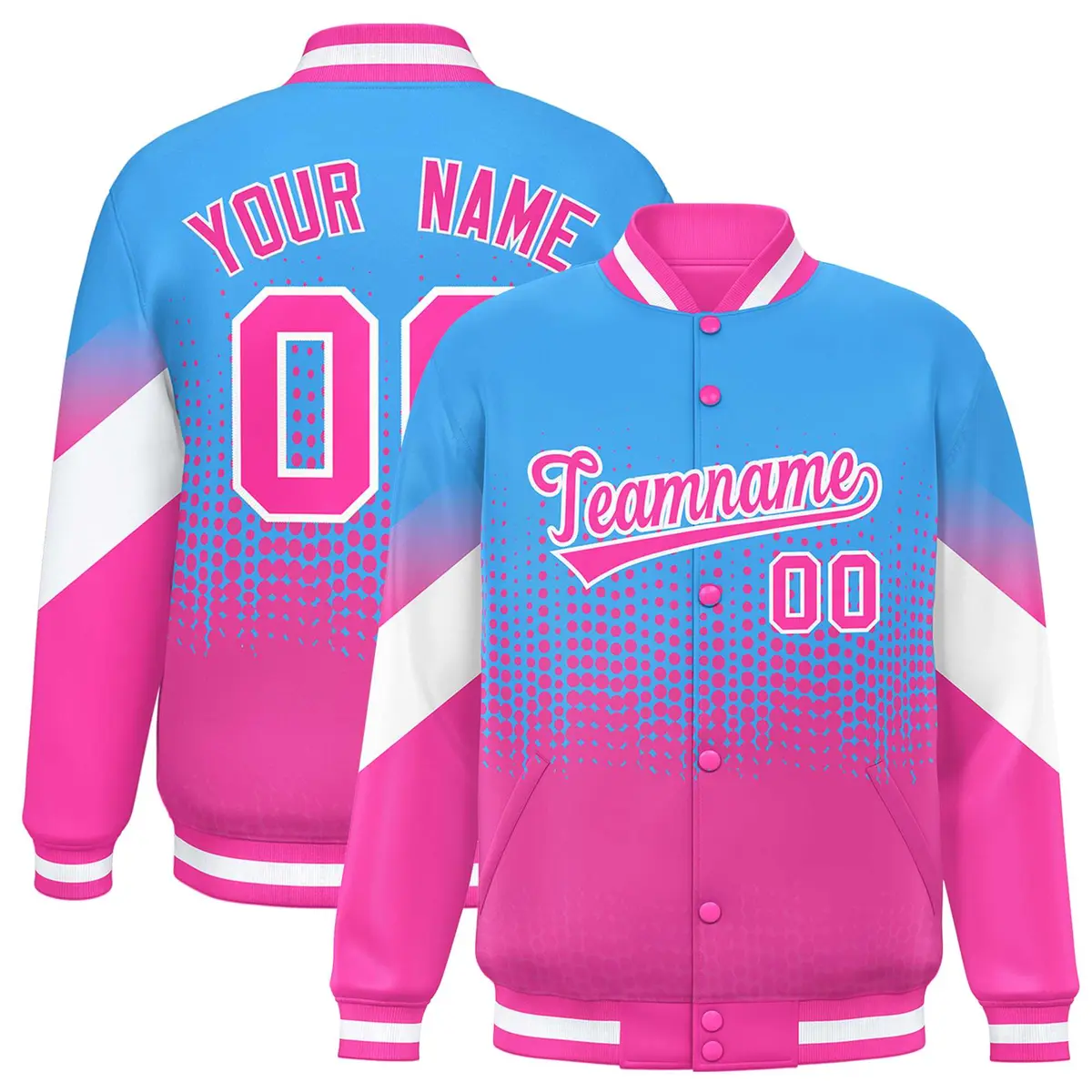 Powder Blue Pink Gradient Polka Dot Varsity Full-Snap Letterman Baseball Jacket