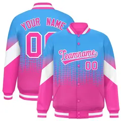 Powder Blue Pink Gradient Polka Dot Varsity Full-Snap Letterman Baseball Jacket