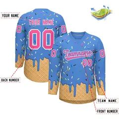 Powder Blue Pink Ice Cream Pattern V-Neck Hockey Jersey 2