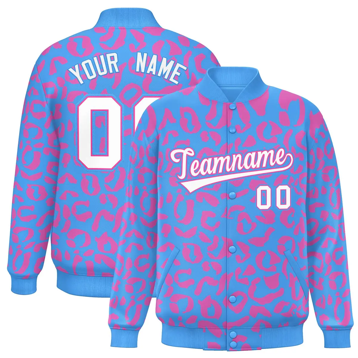 Powder Blue Pink Leopard Graffiti Varsity Full-Snap Letterman Baseball Jacket
