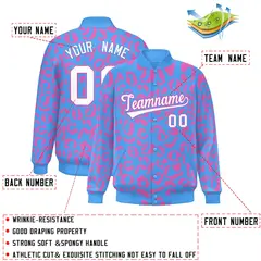 Powder Blue Pink Leopard Graffiti Varsity Full-Snap Letterman Baseball Jacket 2