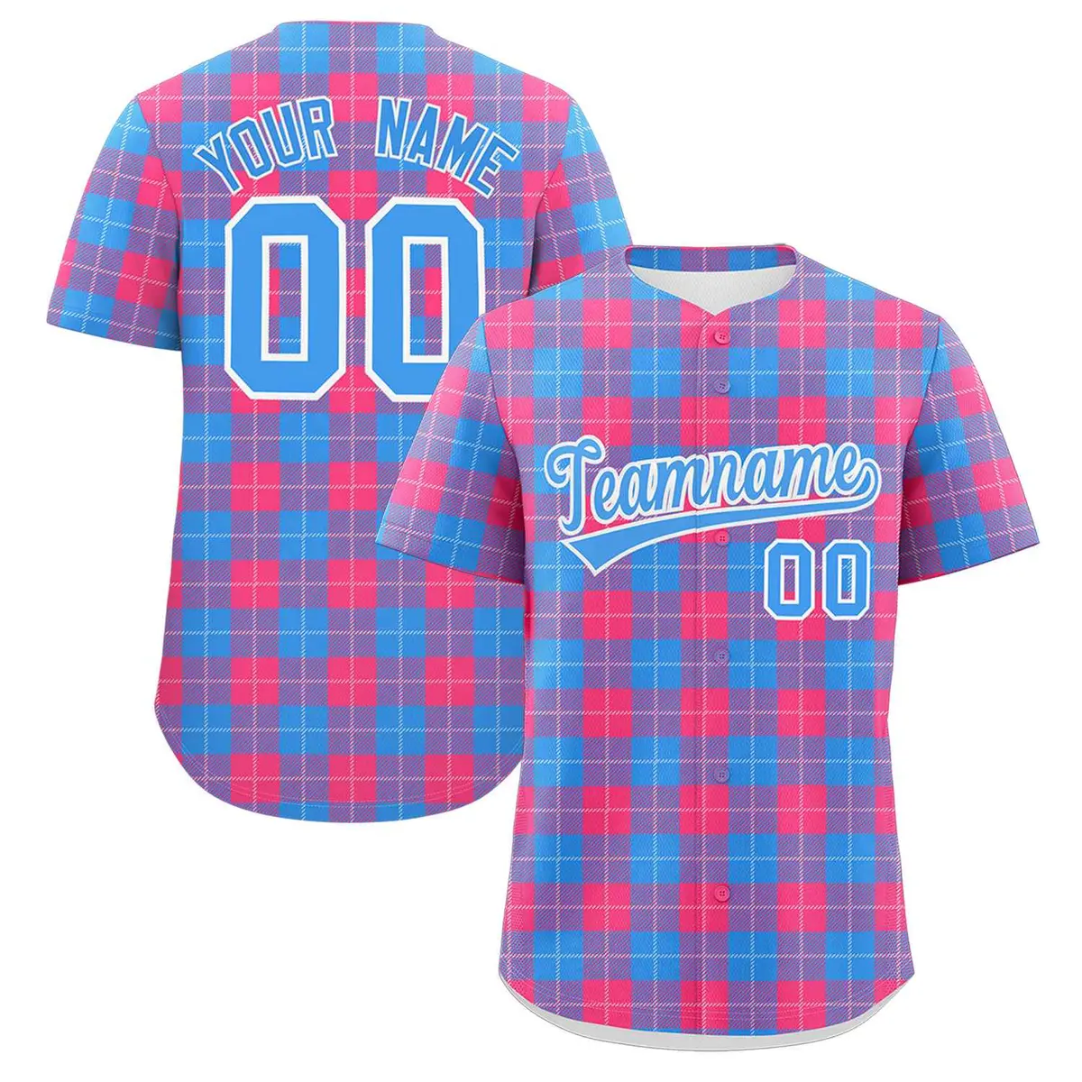 Powder Blue Pink Plaid Authentic Baseball Jersey