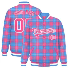 Powder Blue Pink Plaid Varsity Letterman Baseball Jacket 1