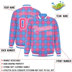 Powder Blue Pink Plaid Varsity Letterman Baseball Jacket 2