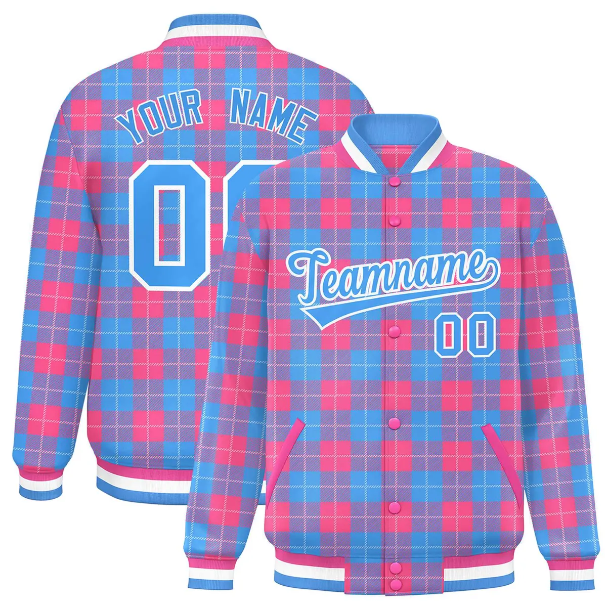 Powder Blue Pink Plaid Varsity Letterman Baseball Jacket
