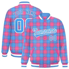 Powder Blue Pink Plaid Varsity Letterman Baseball Jacket