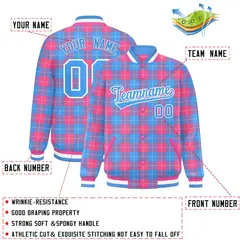 Powder Blue Pink Plaid Varsity Letterman Baseball Jacket 2