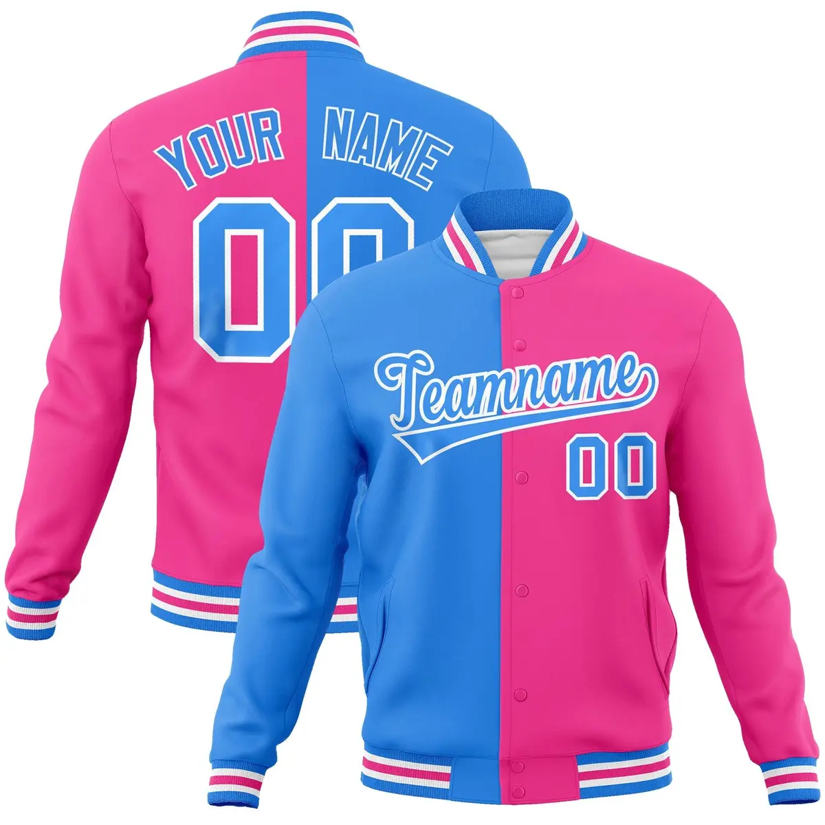 Powder Blue Pink-Powder Blue Two Tone Split Varsity Full-Snap Letterman Jacket