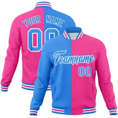 Powder Blue Pink-Powder Blue Two Tone Split Varsity Full-Snap Letterman Jacket