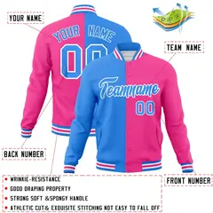 Powder Blue Pink-Powder Blue Two Tone Split Varsity Full-Snap Letterman Jacket 4