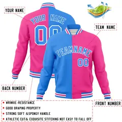 Powder Blue Pink-Powder Blue Two Tone Split Varsity Full-Snap Letterman Jacket 4